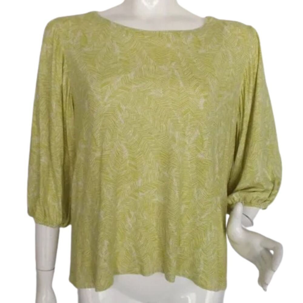J.JILL Tee/Top, L, Chartruse Line Print, Wide neck,  3/4 length sleeves